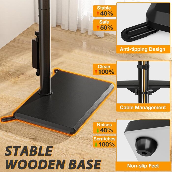 Настінна кріплення для телевізора TVON з розеткою, для телевізорів 32-60 дюймів, до 40 кг, поворотна, регульована по висоті, з безпечною дерев'яною основою, чорний, сучасний дизайн