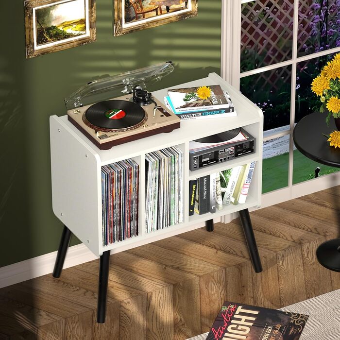 Стіл для програвача вінілу, підставка для програвача в стилі середини століття з місцем для зберігання до 150+ платівок, шафа для вінілових платівок з регульованими полицями (білий)