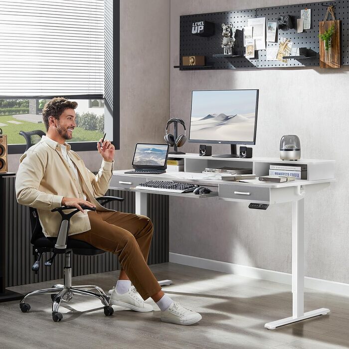 Регульований за висотою стіл WALKINGDESK з електроприводом, 160x60 см. Стіл для дому та офісу з висувними ящиками та підставкою для клавіатури, білий