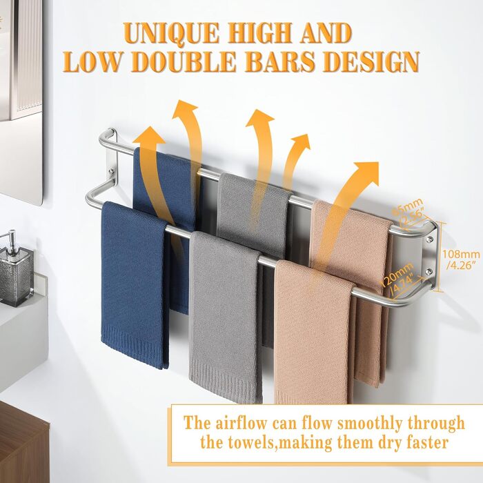Тримач для рушників подвійний з нержавіючої сталі 304, 80 см, для ванної кімнати та кухні