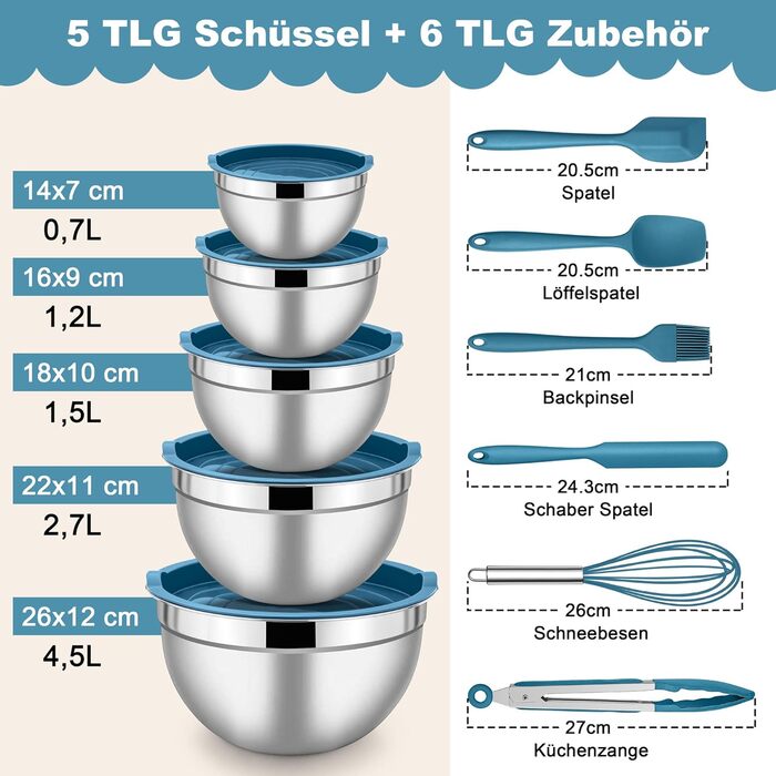 Миска Herogo з кришкою 5шт Набір салатниць з нержавіючої сталі Розмір 4,5 л / 2,7 л / 1,5 л / 1,2 л / 0,7 л Штабельована кухонна миска для змішування сервіровки, включаючи посуд для випічки Можна мити в посудомийній машині (синій)