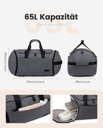 Спортивна сумка LOVEVOOK для чоловіків з відділенням для взуття, 65L, сіро-чорна