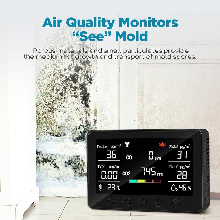 Вимірювач якості повітря Therm La Mode CF-30 зі Smart-додаток: виявлення забруднювачів, пилку, CO2, PM2.5, PM1.0, формальдегіду, температури. Великий LCD-дисплей