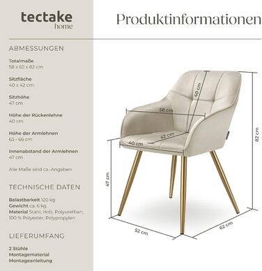 Тектейк® Крісло з велюру, комплект 2 шт., кремово-золотий колір. Сучасні кухонні стільці, крісла для вітальні, стільці для туалетного столика.