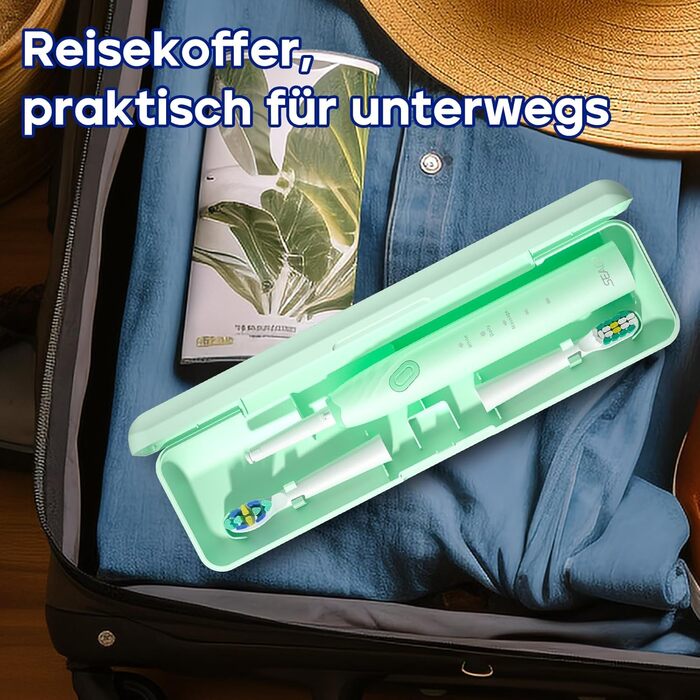 Електрична зубна щітка Seago SG-2316 (зелена) з 10 насадками, тиха, для подорожей, з тримачем та кейсом, ультразвукова, акумулятор 60 днів, таймер для дорослих