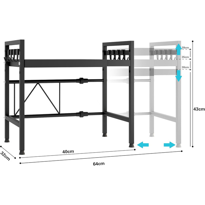 Регульована підставка для мікрохвильової печі, 2-рівнева розширювана, з вуглецевої сталі, з 8 гачками, чорна