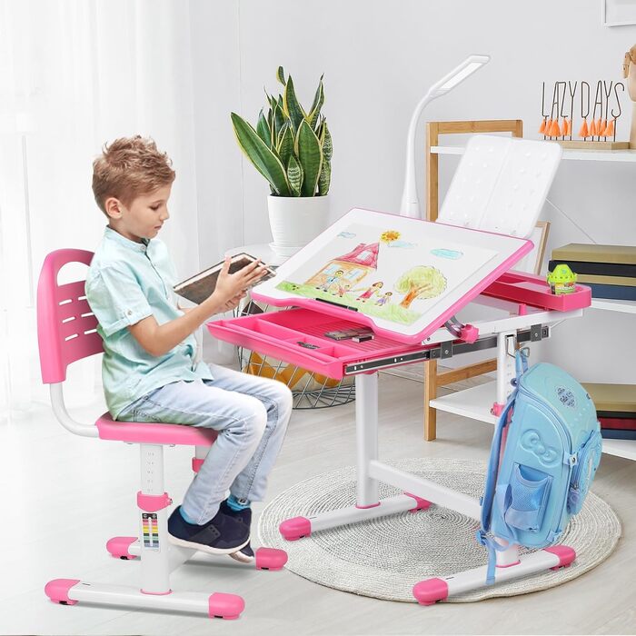 Набір столів і стільців Clevich з регулюванням висоти, дитячий стілець з лампою, молодіжний стіл Дитячий багатофункціональний студентський стіл зі стільцем і ящиком підставок для читання (рожевий)