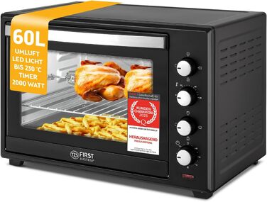 Міні-піч TZS First Austria 60L 2000W з регулюванням температури до 230°C, 6 режимів, таймер на 60 хв, 4 рівні встановлення, дека, решітка-гриль та вертулка