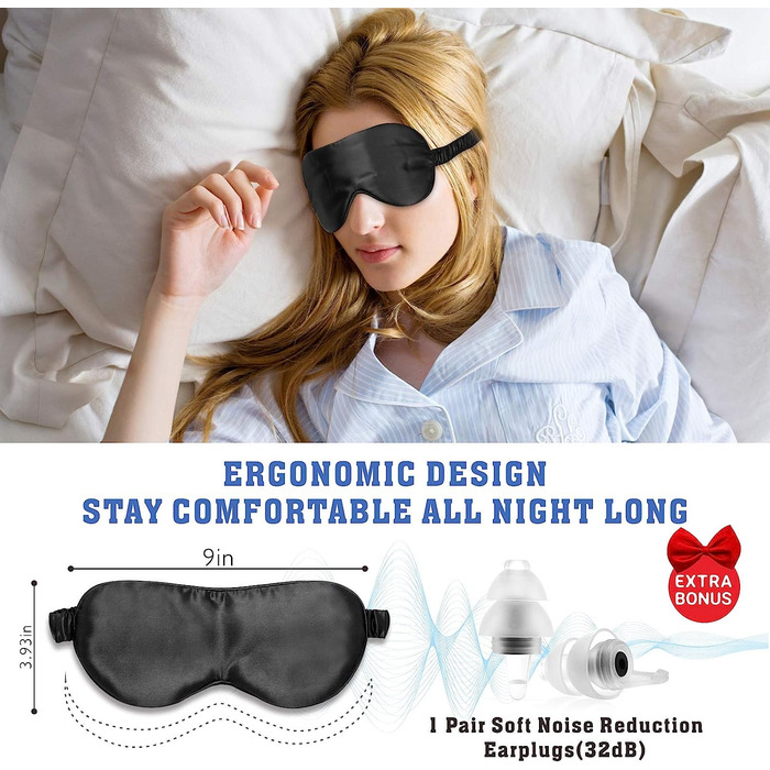 Шовкова маска для сну, 100 шовкова маска для очей Momme 22 Momme для сплячих жінок/чоловіків, зручна маска для сну з затичками для вух і атласною дорожньою сумкою, м'які тіні для повік (темно-сині) (чорні)