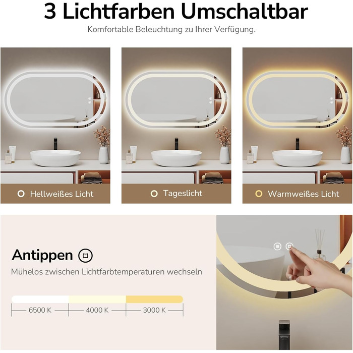 Дзеркало для ванної кімнати EMKE з підсвічуванням 50x90 см, овальне, з сенсорним перемикачем, 3 кольори світла, регулювання яскравості, антизапарник, функція пам'яті, автоматичне вимкнення через 3 години