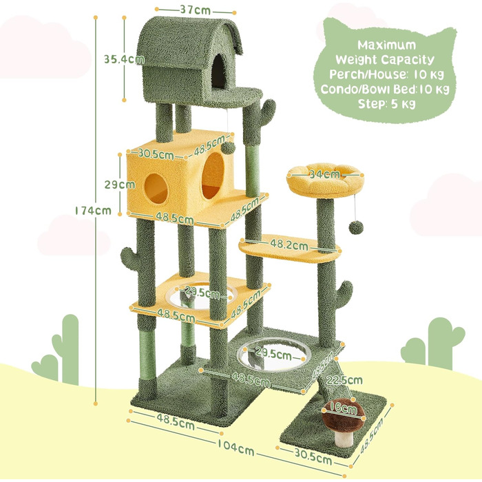 Котяче дерево на тему оазису 104x48.5x174 см, Стильне дерево для лазіння на кілька котів, з космічними капсулами Cat House Стовбури для дряпання, зелено-жовті