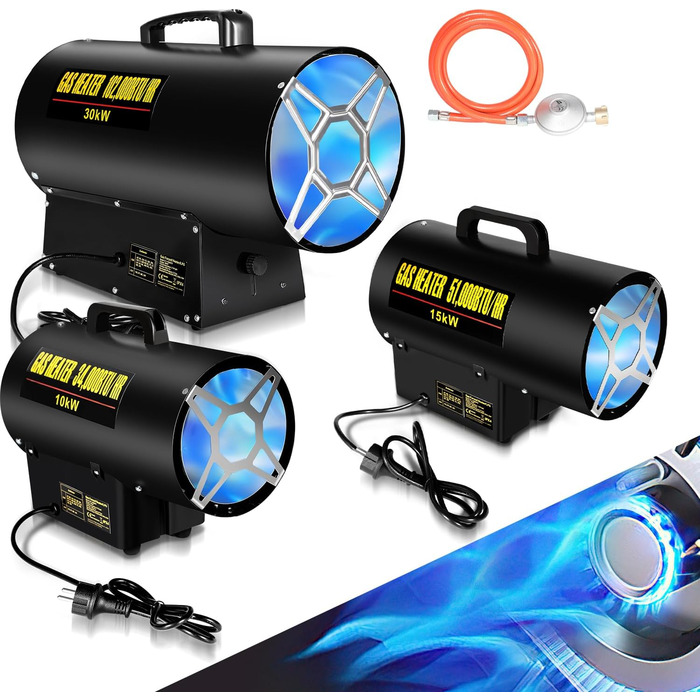 Газовий нагрівач для приміщень Ikodm 10kW 220V: газовий нагрівач, газовий обігрівач, газовий нагрівач-вентилятор, пропановий нагрівач, 320 м³/год, з газовим шлангом 1,2м та редуктором 700 мбар