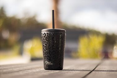 Термокружка Milu 400 мл - не протікає, з нержавіючої сталі, з трубочкою, ізольована, для кави/напоїв, чорна з леопардовим принтом, BPA-free