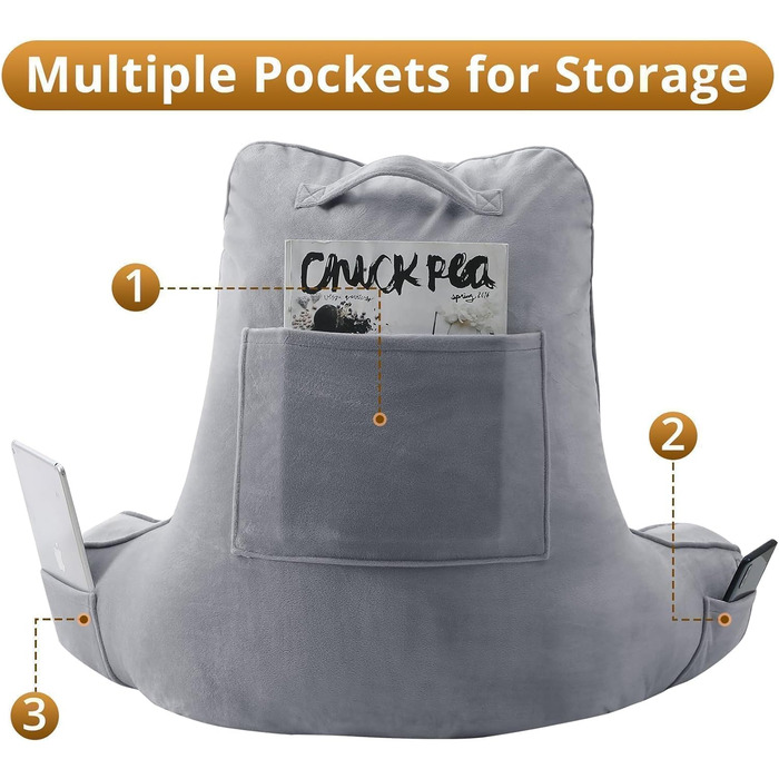 М'яке спинне крісло-подушка Sasttie для ліжка, рожеве (стандарт, темно-сірий) з кишенями та підлокітниками