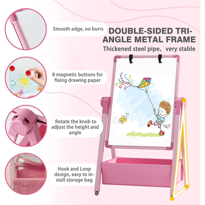 Дитяча мольберт Kinderstaffelei: двосторонній, сталевий, регульований, 360° обертання, дошка для малювання, крейда та маркери для хлопчиків та дівчаток