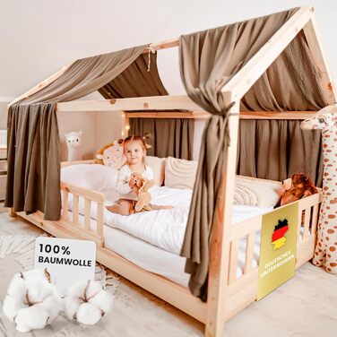 Балдахін для ліжка lilimaus House - 100 бавовняний мусліновий балдахін - Прикраса ліжка для будинку - Подарунок дівчаткам і хлопчикам - Штори для ліжка з балдахіном для дитячих ліжок 90x200 & 120x200 - Балдахін для оформлення дитячої кімнати (темно-бежеви