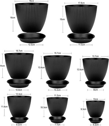 Набір горщиків для квітів з пластику, 8 шт. з отворами, круглі підставки, горщики для кактусів та трав, набір для офісу, балкону, саду, сукулентів, чорний