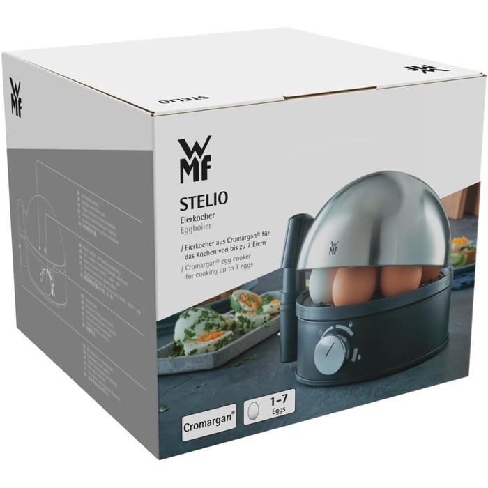 Електричний яйцеварка WMF Stelio: 1-7 яєць, нержавіюча сталь, регулювання ступеня нагріву, функція продовження нагріву, мірний стаканчик