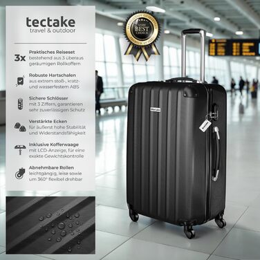 Набір валіз Tectake 3 шт. з ваговою та ідентифікатором, M-L-XL, ABS, чорний