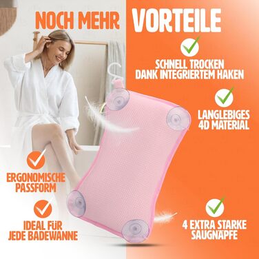 Подушка для ванни - преміум якість, 4 міцні присоски, ергономічна форма для шиї та спини, інтегрований гачок (Рожева)