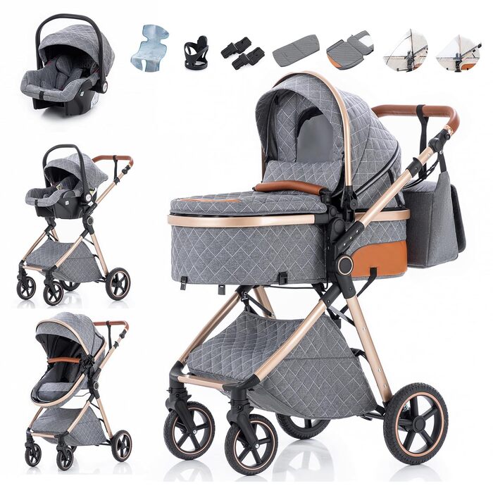 Дитяча коляска Zkipm 3 в 1, сірого кольору з візерунком, для дітей 0-3 роки, до 15 кг, з регульованою спинкою та великим капюшоном, складається
