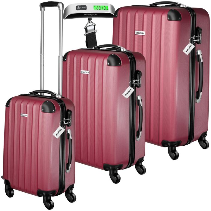 Набір валіз Tectake 3 шт. з ваговою та білгетом, M-L-XL, ABS, телескопічна ручка, червоний
