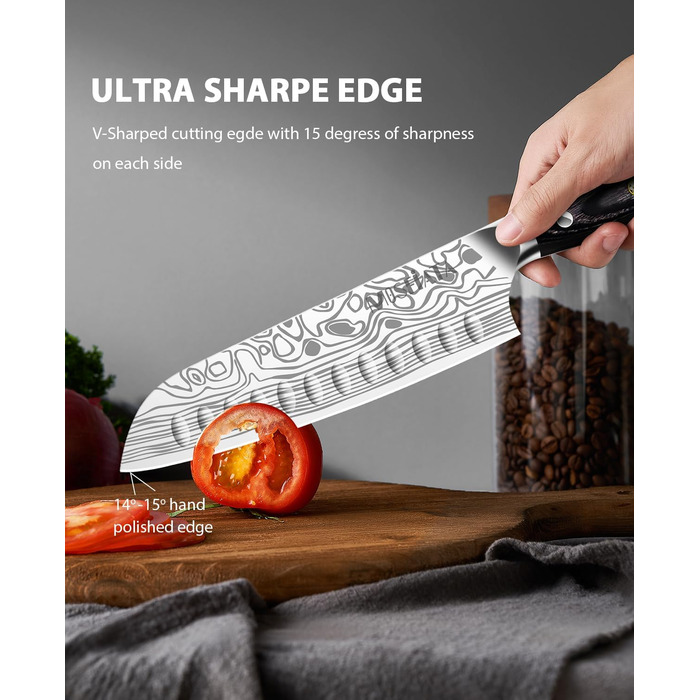 Ніж кухарський MOSFiATA Santoku, професійний ніж для кухні, універсальний ніж з нержавіючої сталі, дуже гостре лезо, з подарунковою коробкою 7
