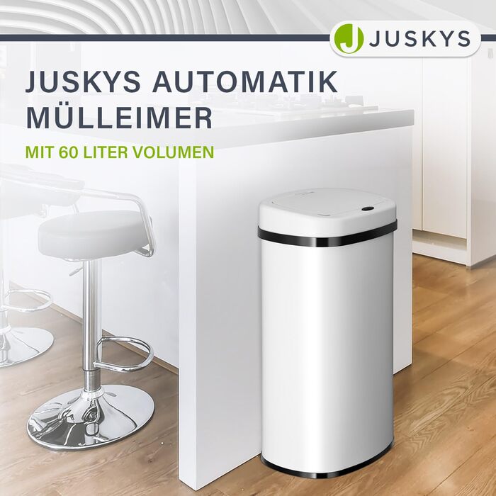 Відро для сміття Juskys з датчиком руху, білий, 60 л - кутовий контейнер з кришкою-кліпсою для сміттєвих пакетів, нержавіюча сталь, безконтактне відкривання