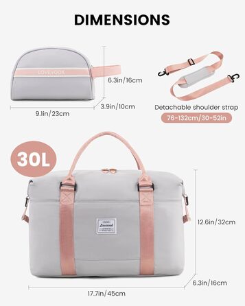 Спортивна сумка LOVEVOOK для жінок: дорожня, для плавання, фітнесу, клініки. 30L, водонепроникна, сіра + рожевий ремінець
