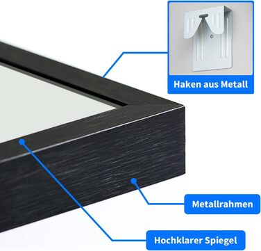 Дзеркало Boromal Spiegel Schwarz 100x60 см прямокутне з металевою рамою для ванної кімнати, спальні, туалетного приміщення. Чорний настінний дзеркало 60L x 100B cm