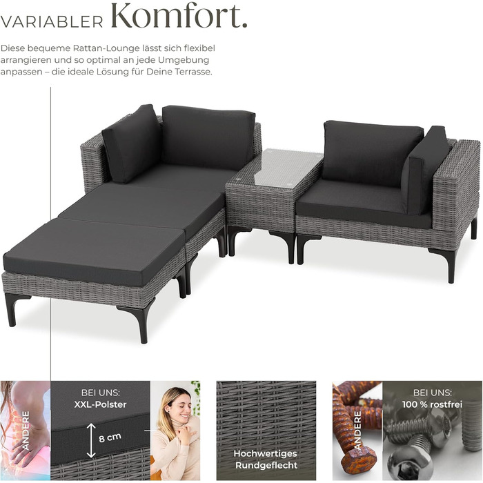 Тектейк® Садовий лаунж з ротангу, набір меблів для саду на 5 місць, модульний, з кутовим кріслом, пуфом, столиком, сірий, з подушками для сидіння та спинки