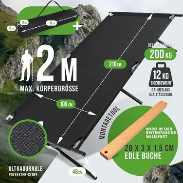 Розкладне польове ліжко HAINBAUR XXL 210x70/100 см, до 200 кг, складане кемпінгове ліжко з монтажним інструментом