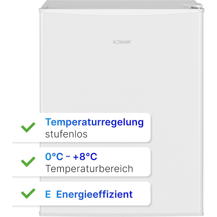 Холодильник Bomann Mini 58л, 2 скляні полиці, плавне регулювання температури, змінний дверний упор, білий