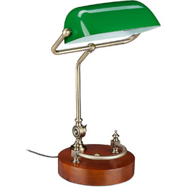 Лампа Relaxdays Banker, скляний плафон, що нахиляється, дерев'яна основа, розетка E27, настільна лампа в стилі ретро, бібліотечна лампа, зелено-коричневий, 42 x 26 x 25 см