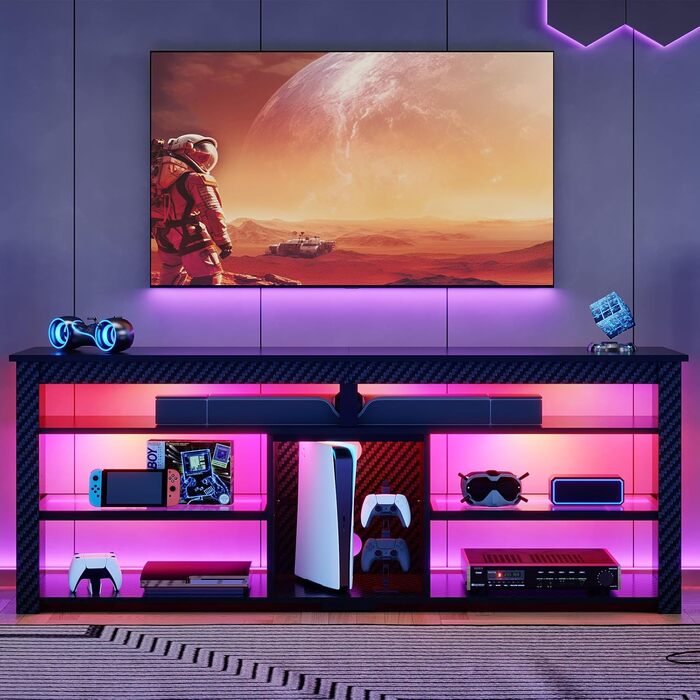 Тумба під телевізор Bestier 70 дюймів з підсвіткою LED, для PS5, чорна карбонова - 160x33.8x66.8 см