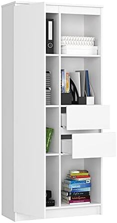 Офісна книжкова шафа AKORD CLP 80 см 7 полиць 2 шухляди та дверцята для документів Книги для спальні шафа Шафа для вітальні Ламінована дошка 16 мм Колір Білий (Wit / Hoogglans Wit)