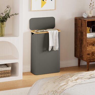 Кошик для білизни Youdenova з кришкою, 48л, вузький, з мішком для білизни, сортувальник, бамбук, білий