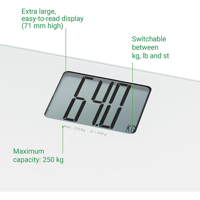 Цифрові ваги для ванної кімнати XL, точні ваги зі скла, надвисока вантажопідйомність, вбудоване автоматичне вимкнення, білий, до 250 кг, 470