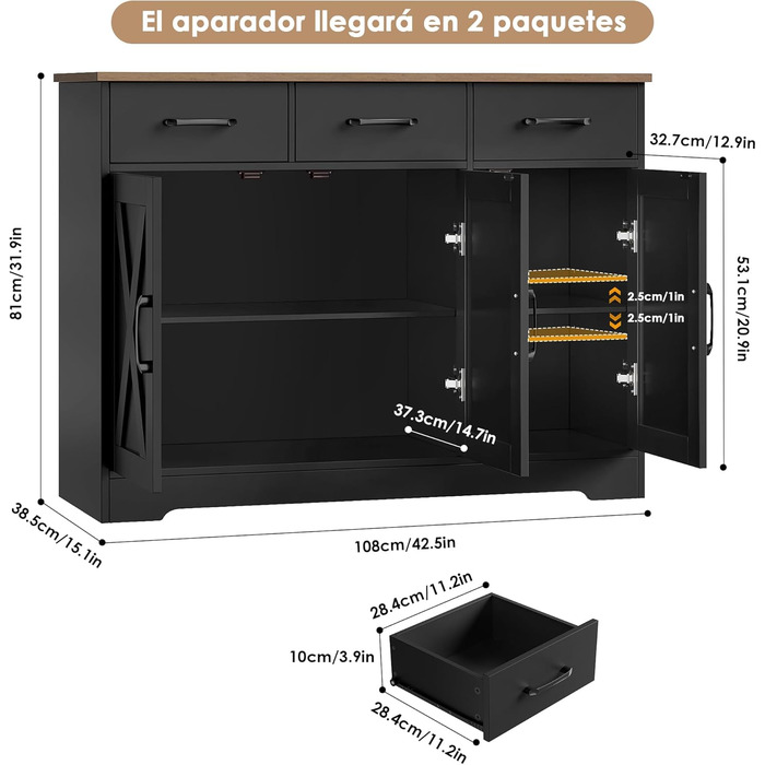 HOCSOK Комод-буфет з 3 висувними ящиками та 3 дверцятами для кухні, вітальні, їдальні. З робочою поверхнею, дерево, білий & коричневий (чорний/коричневий)