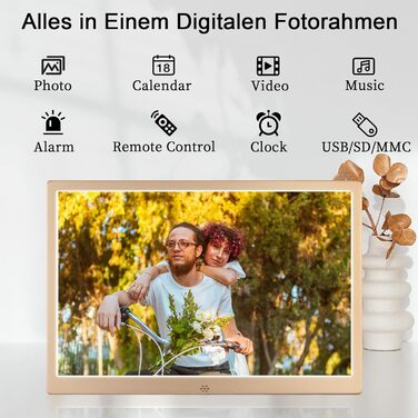 Цифровий фоторамка TSITSC 8.7 дюйма, IPS-екран 1024*768, календар, музика, фото/відео програвач, підтримка USB/SD, з пультом дистанційного керування (Чорний) (12 дюймів Золотий)