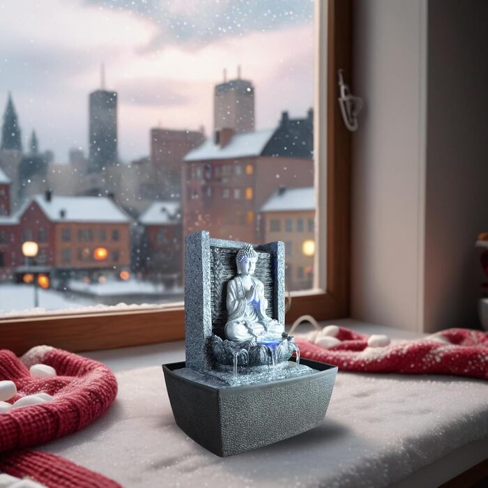 Фонтан для медитації Zen'Light Nirvana з Буддою та LED-підсвіткою. Сучасний декор для дому, Фен-Шуй, сірий, H 26 см