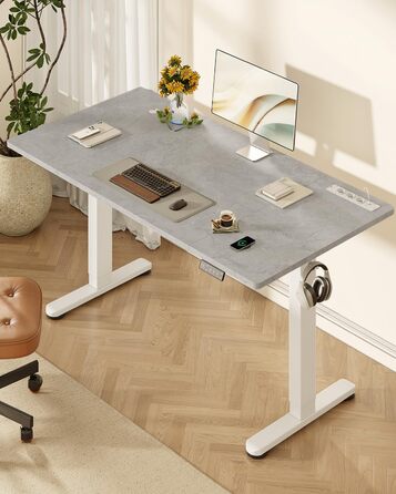 DEVOKO Стол для роботи з регулюванням висоти 140 x 70 см з розеткою, бездротовою зарядкою та USB – Електричний стіл для комп'ютера з функцією пам'яті та кабельною організацією – Ідеально для геймінгу та офісу, сірий 140 x 70 см
