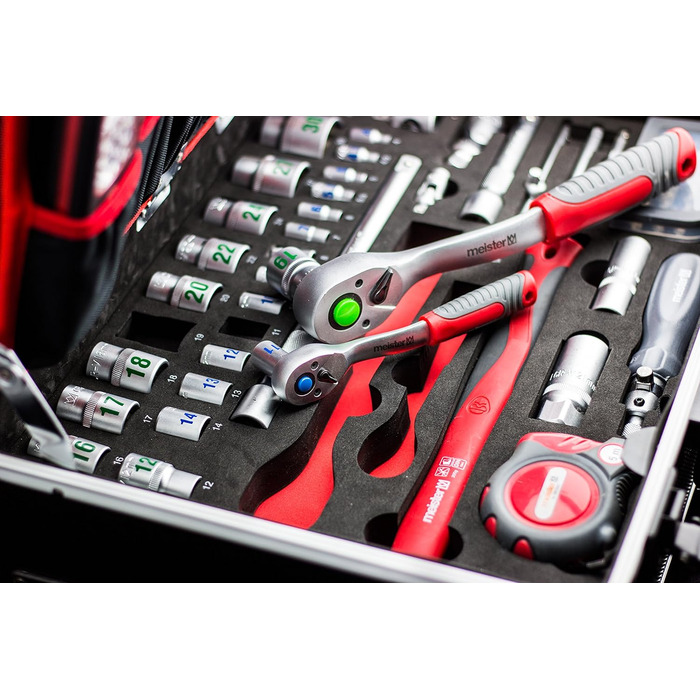 Набір інструментів Meister 156 предметів у візку на колесах з телескопічною ручкою - професійний кейс для інструментів, чорний/сріблястий, 8971440