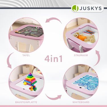 Дитяча стільниця Juskys Milou - комплект з 2 стільців та столу - дерев'яний дитячий столик з місцем для зберігання, стільниця для малювання (рожева)