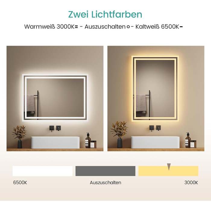 LED дзеркало для ванної кімнати EMKE 40x60 см з підсвічуванням, антизапарювання, регулювання кольору світла, сенсорне керування, алюмінієва рама, IP44, енергозбереження