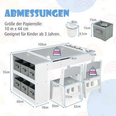 Дитячий стіл COSTWAY 3 в 1 з 2 стільцями, активний стіл-мольберт з підйомною стільницею, набір кольорів, 6 тканинних контейнерів та рулон паперу, сірий, 109x60x55 см