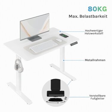 Електричний регульований стіл WOLTU - комп'ютерний стіл з USB-портом та функцією пам'яті, 160x75 см, білий + білий