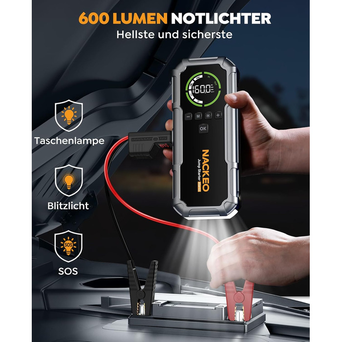 Powerbank Starthilfe 8000A з компресором 160PSI, 12V для авто, 20000mAh, LED-ліхтар, LCD-дисплей, сріблястий