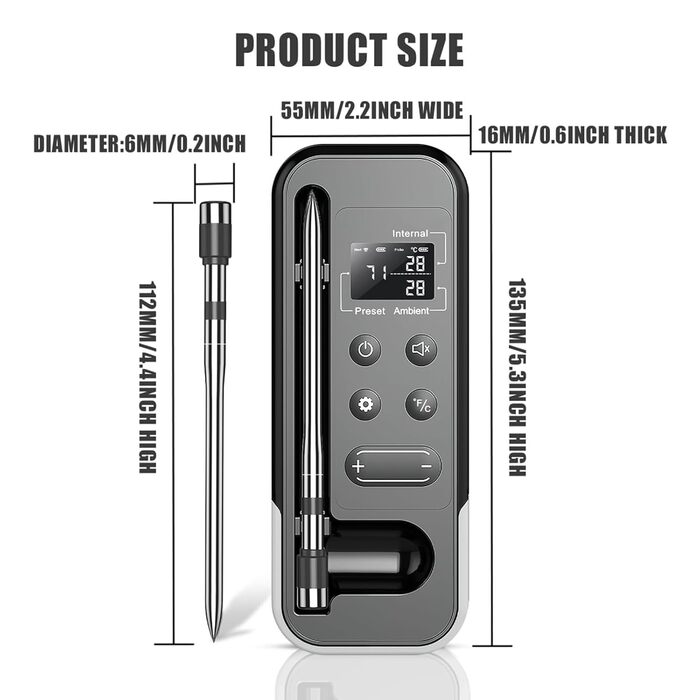 Бездротовий термометр для м'яса ANTELA з Bluetooth 200M, LCD дисплеєм, сигналом та APP, для приготування на грилі, BBQ та в духовці