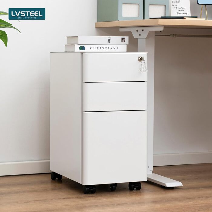 Металевий ролштатний шафа LVSTEEL з 3 висувними ящиками, замок, 4 ключі, білий (59.3 x 30 x 17.8 см)
